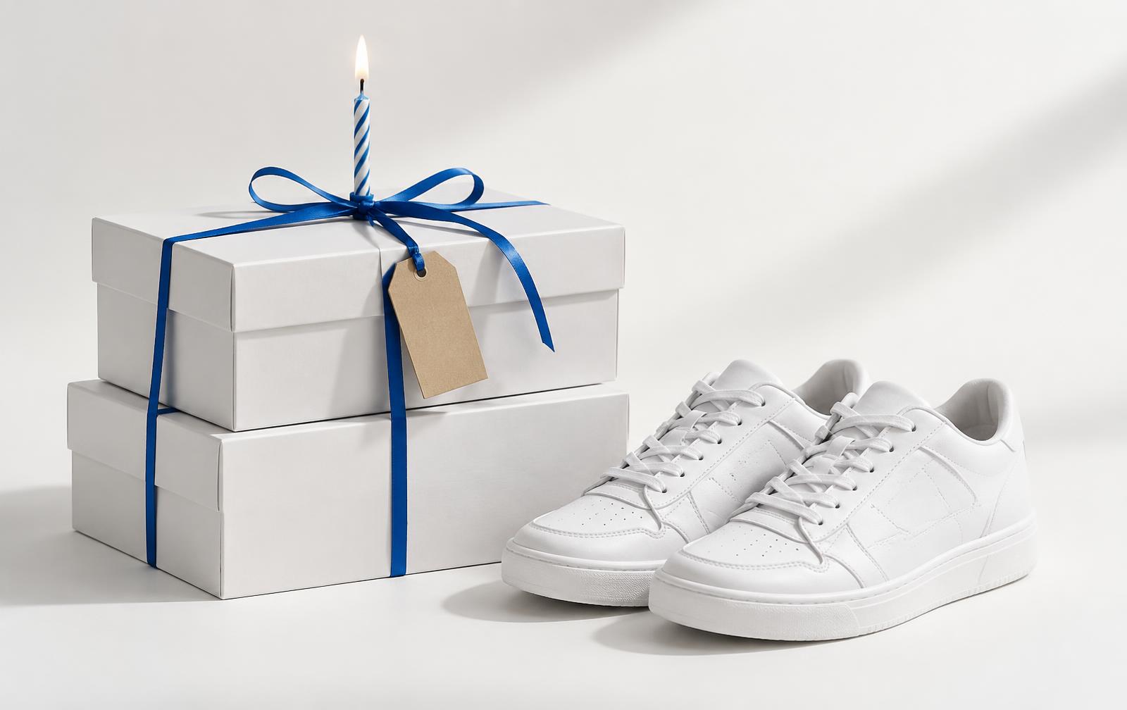 White trainer boxes tied with a blue ribbon and a lit birthday candle, beside a pair of new white trainers