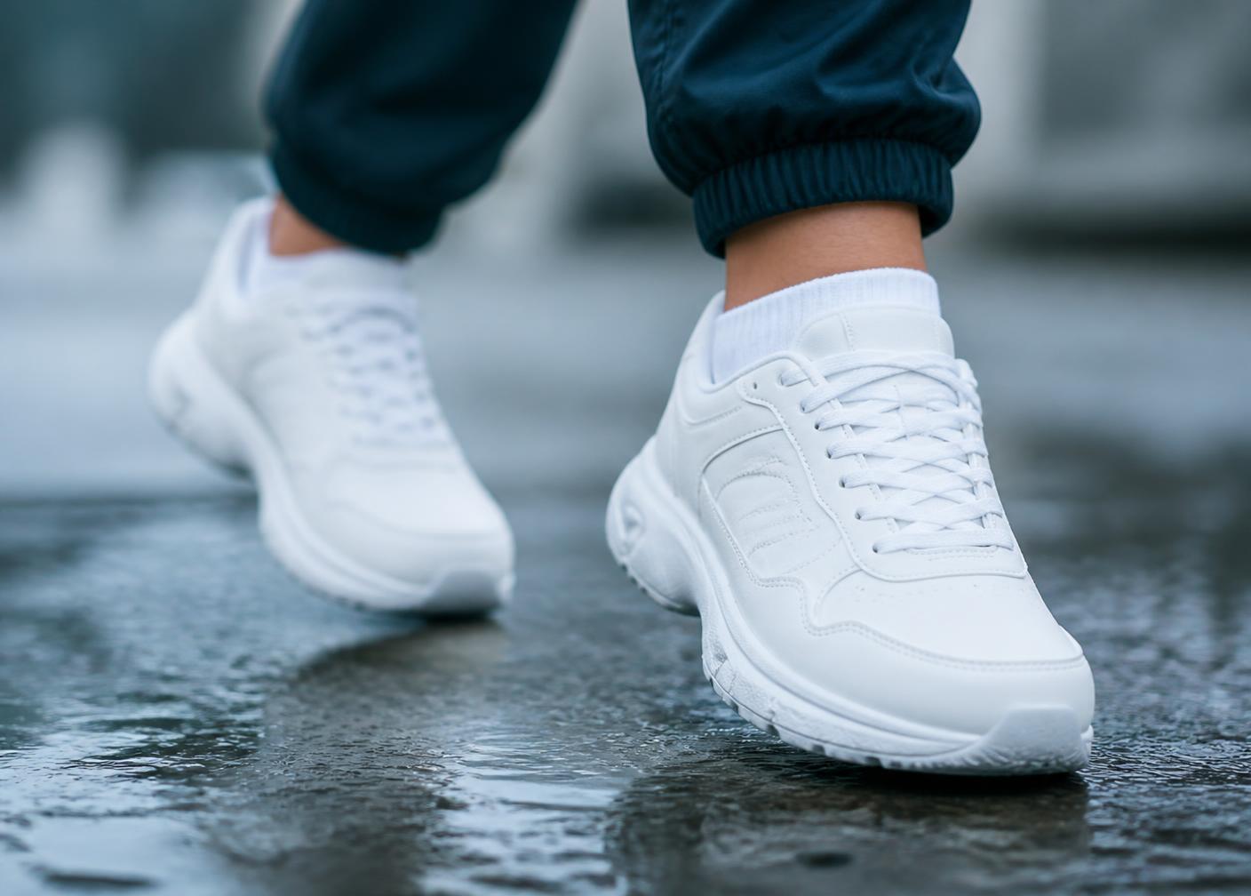 A brand-new pair of trainers in motion